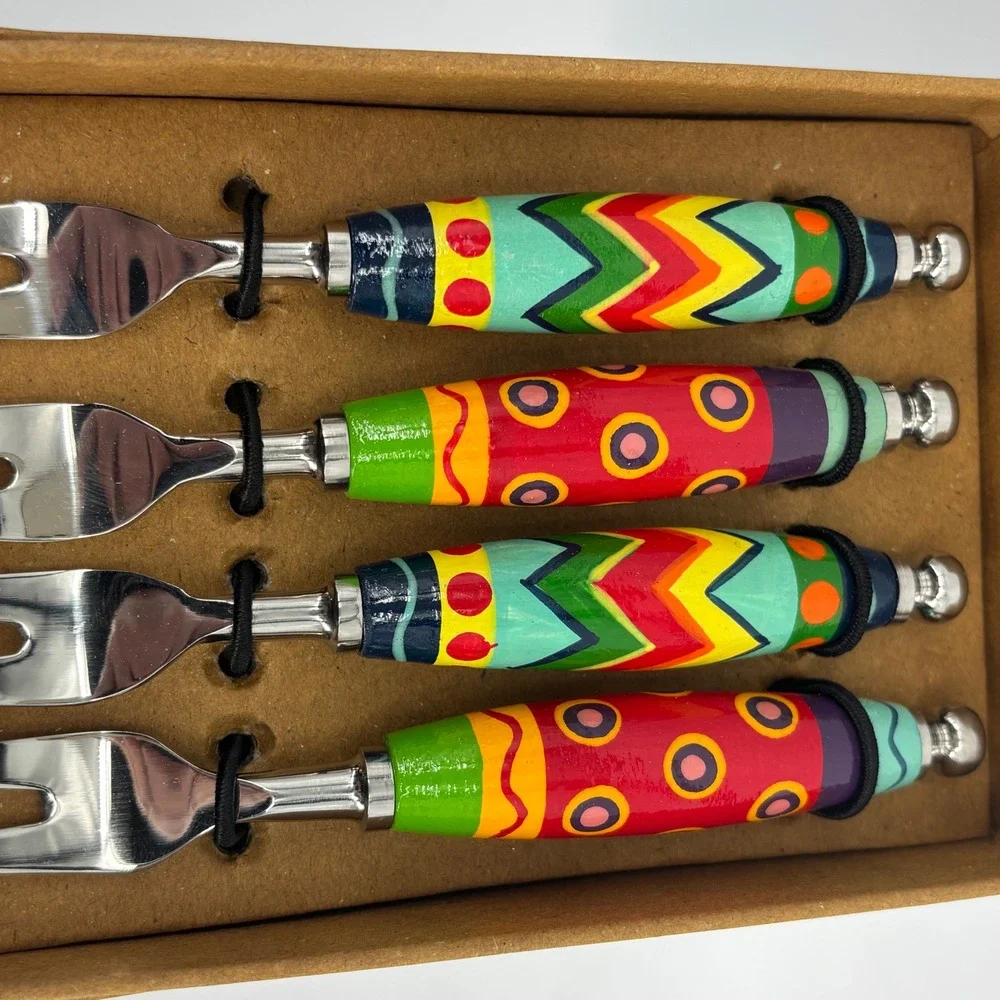 Bombay Store Handpainted Fruit Picker 4Pc Set Desert Appetizer Fork Geometric